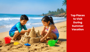kids making sand castle on beach during summer vacations