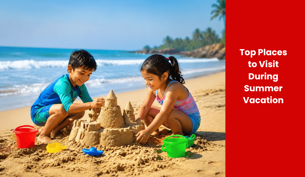 kids making sand castle on beach during summer vacations