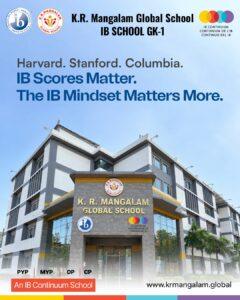 K.R. Mangalam Global School campus in Greater Kailash 1, Delhi, featuring IB branding for PYP, MYP, DP and CP programmes.