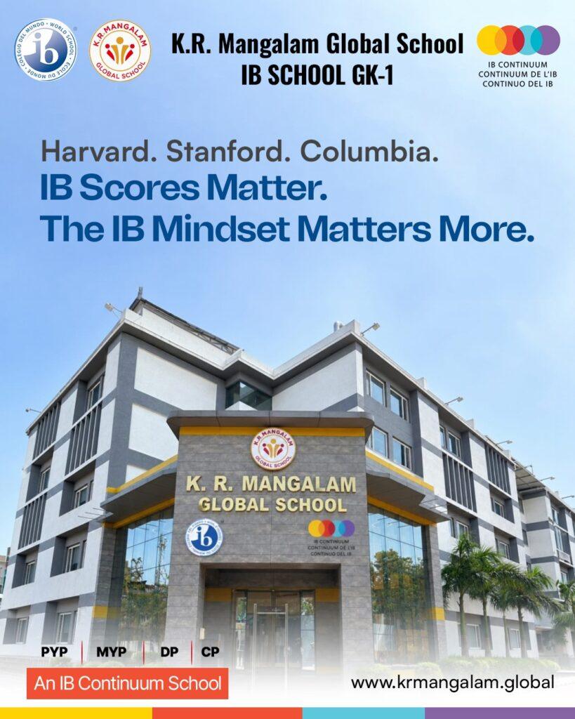 K.R. Mangalam Global School campus in Greater Kailash 1, Delhi, featuring IB branding for PYP, MYP, DP and CP programmes.